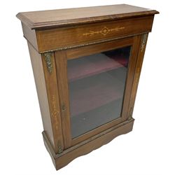 Victorian walnut pier cabinet, moulded rectangular top over inlaid frieze, decorated with gilt metal mounts and beading, the glazed single door flanked by inlaid uprights, on moulded plinth base