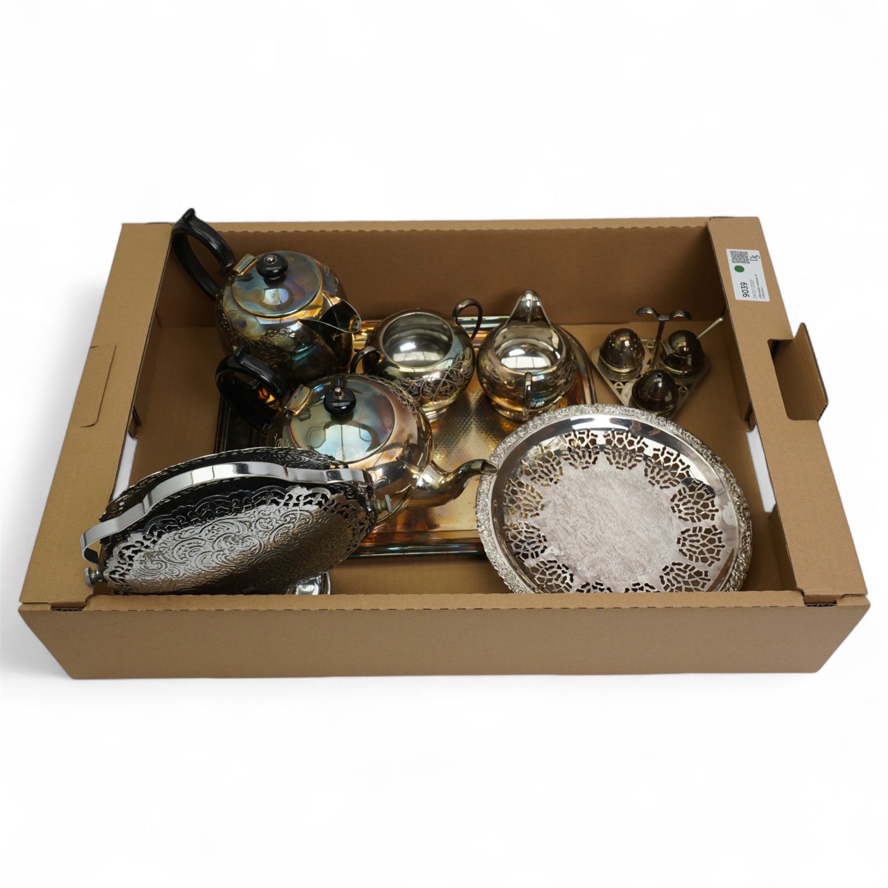 Collection of silver plate, to include apex cruet set with blue glass liners, matching teapot, coffee pot, milk and sugar bowls, and a plated tray, folding cake stand etc