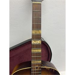 1950s Framus arch top acoustic guitar with sunburst finish and Framus logo to top, No.1937 L104cm; in hard carry case.