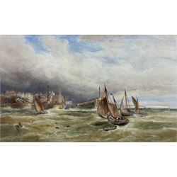 Robert Ernest Roe (British 1852-c1921): Scarborough Boats returning to Bridlington Harbour, watercolour signed 40cm x 66cm