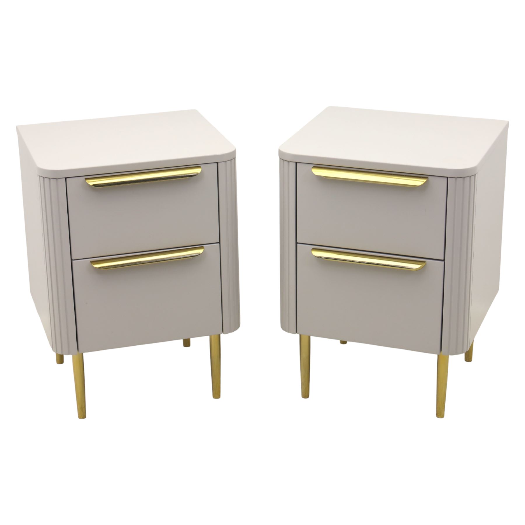 Made.com - 'Ebro' pair of grey bedside chests, gold painted metal shaped handles, rounded corners with fluted detail, raised on gold painted metal tapered supports