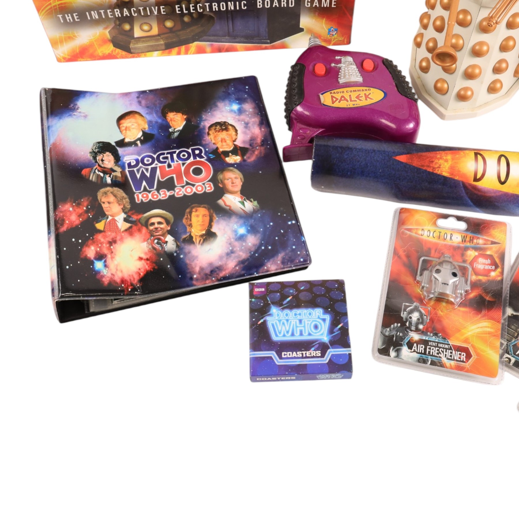 Doctor Who collectables including K-9 cookie jar, remote controlled Dalek, Interactive Electronic Board Game, air fresheners, coasters, etc