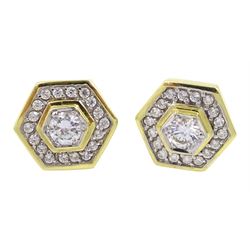 Pair of 14ct gold hexagonal shaped cubic zirconia stud earrings, hallmarked