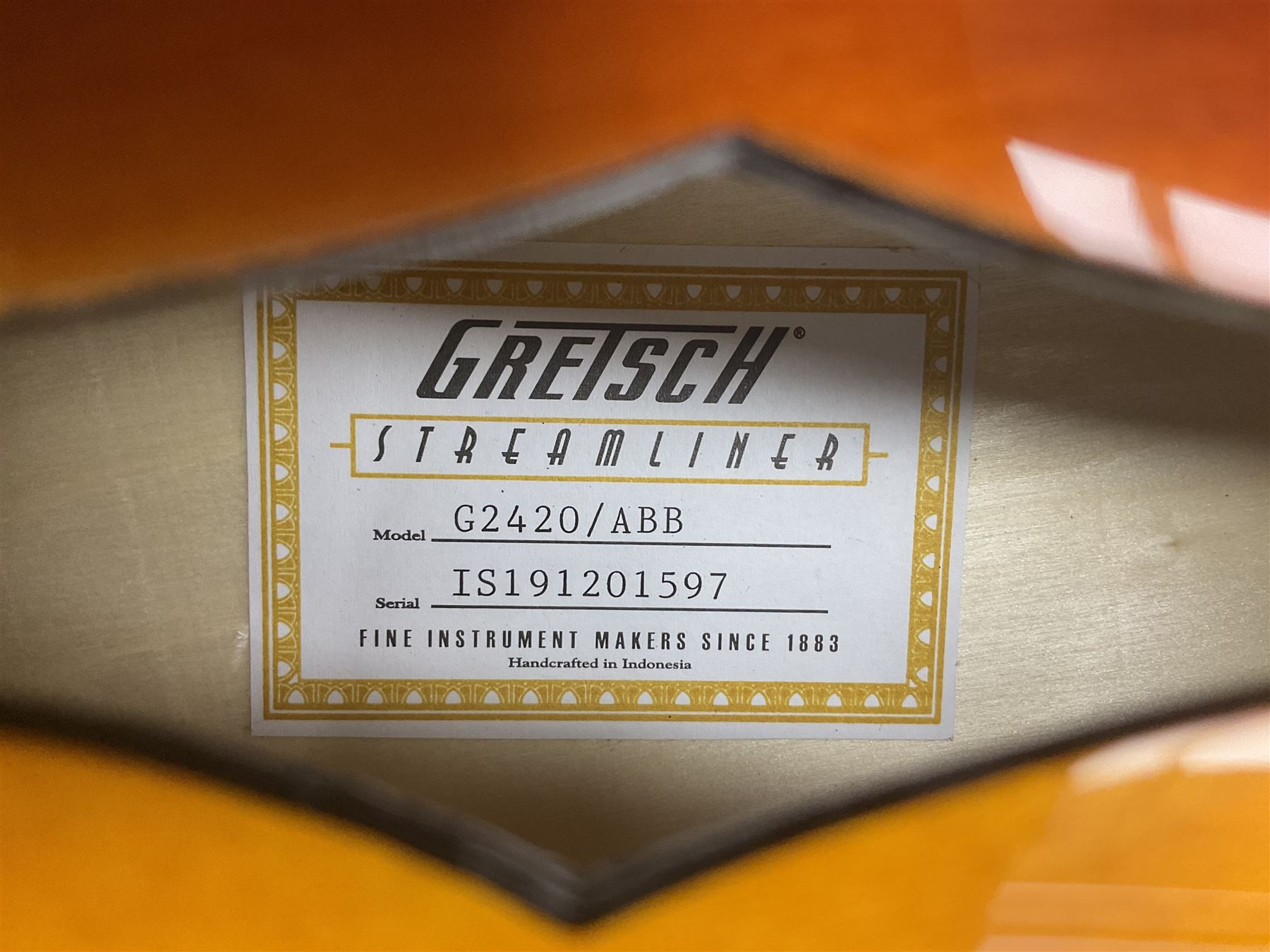 Gretsch G2420/ABB semi-acoustic guitar with three-tone sunburst finish, serial no.IS191201597, L107cm overall; in original hard carrying case dated 2019.