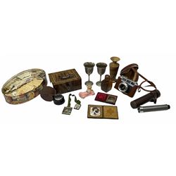 Victorian portrait photograph in red velvet lined case with gilt mount, together with another similar, quantity of silk cards, Yashica minister camera in case, telescope in case, Corgi The Muppets Miss Piggy die cast model car, turned camphor wood vase etc