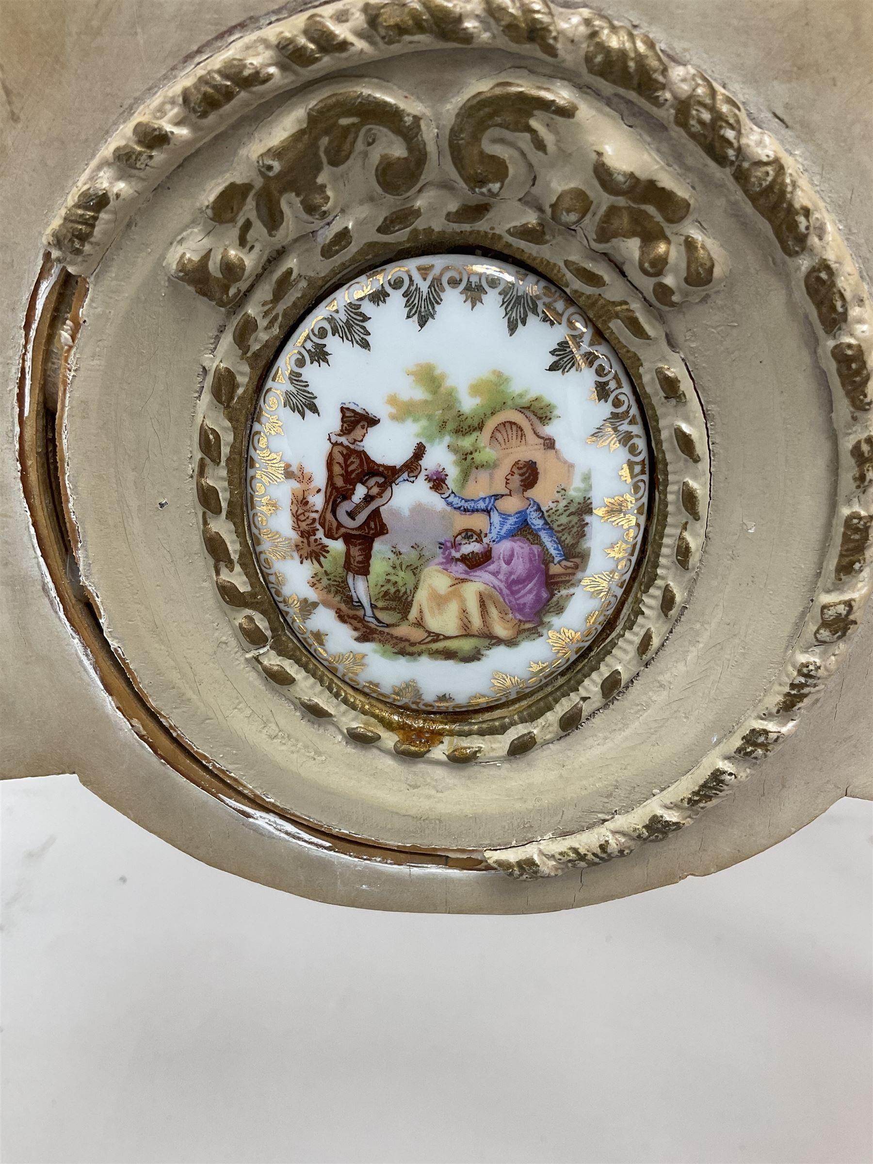 French style painted kidney shaped dressing table with three shaped swing mirrors, single centre drawer inset with Limoges style porcelain plaque, flanked by two short drawers, shaped supports, together with matching stool (W62cm, H48cm)