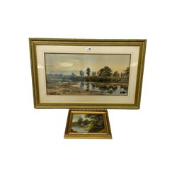 English School (19th century): River Landscape, watercolour unsigned together with Continental School (20th century): Cottage Scene, oil on board unsigned max 32cm x 65cm (2)