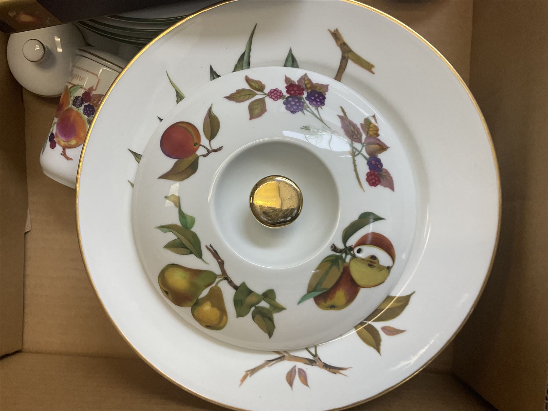 Royal Worcester Evesham and Evesham Vale tea and dinner wares, to include, three large covered tureens, coffee pot, eight tea cups and saucers, milk jug, two covered sucriers, boxed serving spoons etc, approx .130