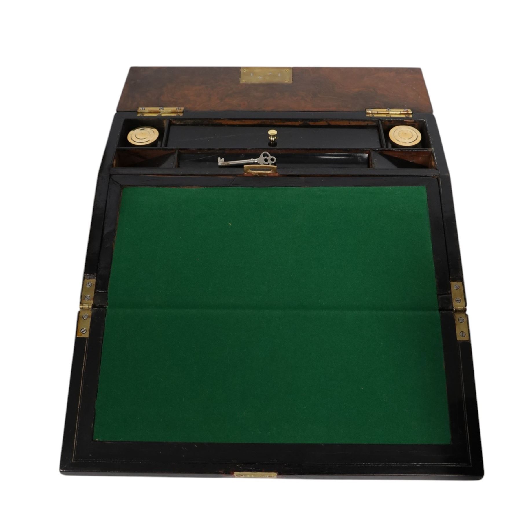 19th century burr-walnut writing slope, with inlaid mother-of-pearl decoration, fitted interior and two inkwells, together with a  parquetry writing slope, H16cm