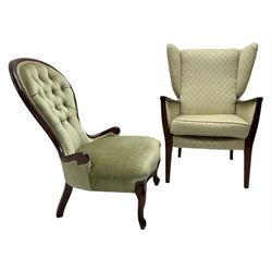 Stained beech framed wingback armchair (W73cm, H99cm); and a Victorian design bedroom nursing chair (W58cm, H84cm)