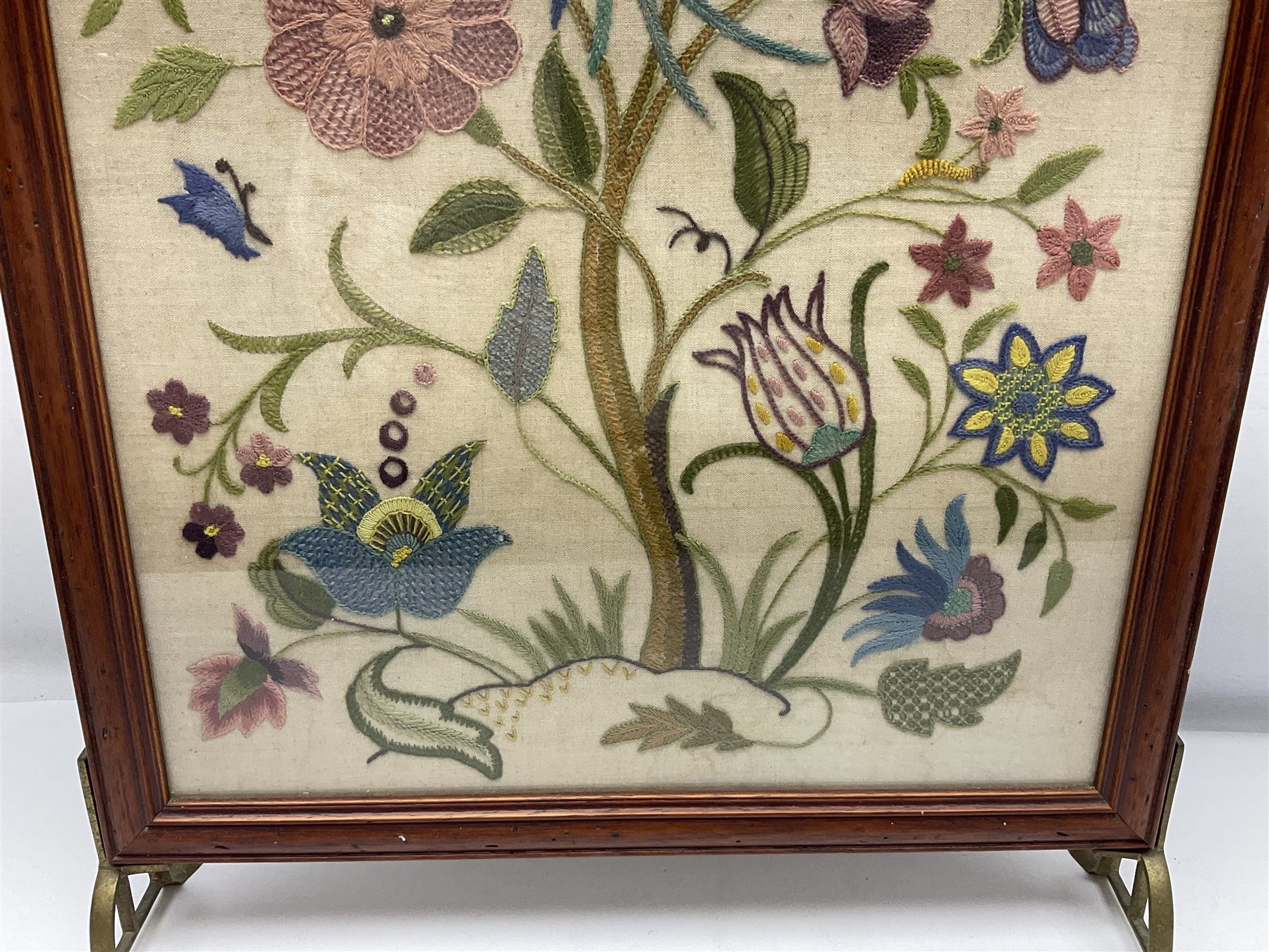 Two 1950s tapestries, the framed example celebrating the 1953 coronation, the second converted into a fire screen depicting a floral display, firescreen H70cm (2)