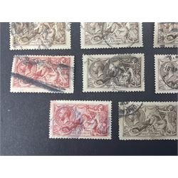 Great Britain King George V seahorse stamps, comprising fourteen half crown, seven five shillings and two ten shillings, all used, all previously mounted