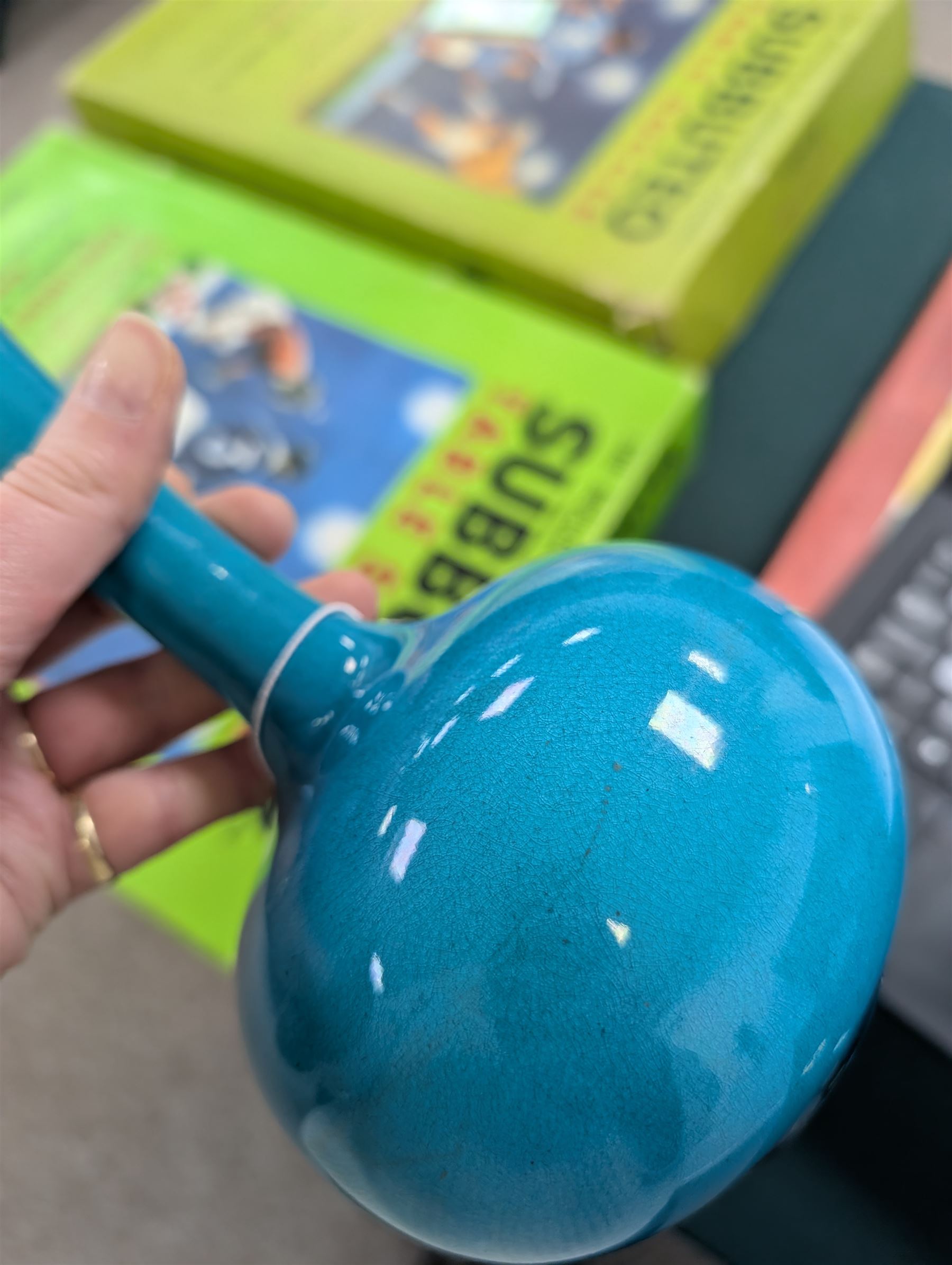 Burmantofts turquoise faience bottle shaped vase, impressed and numbered 1648 beneath, H24cm