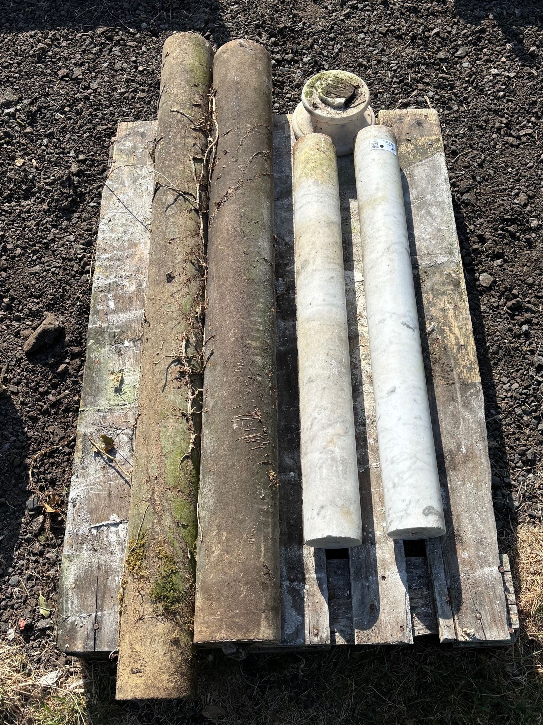 Pair of white marble cylindrical columns (L89cm) together with a near pair of York stone cylindrical columns (L130cm) - COLLECTION BY APPOINTMENT FROM: The White House, Thirsk Road, Easingwold, York, YO61 3NF - CALL 01723 507111 TO ARRANGE