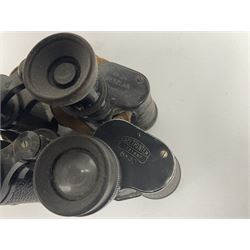 Collection of binoculars, some in fitted cases to include Carl Zeiss Jena, a pair of Jenoptem 8 x 30, Lieberman & Gortz 20x40, Weitwinkel 8x30, Chinon Zoom 7-15 x 35, etc, together with a metal lantern. 