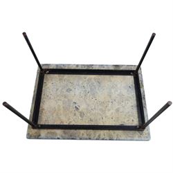 Small green marble topped occasional table, the rectangular top with dark veining raised on slender black painted metal legs, H 29cm, W 50cm