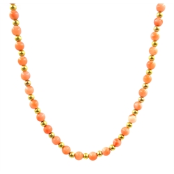 Coral and gold bead necklace hallmarked 9ct, 40cm