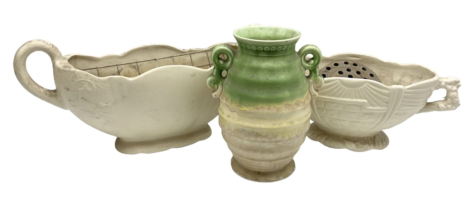 Two Arthur Wood twin handled vases to include one example in the Garden Wall pattern, together with a Beswick Ware merging green, yellow and cream vase, all with marks beneath, tallest H23cm