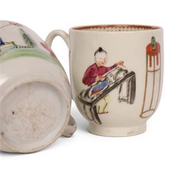 18th/ 19th century chinoiserie decorated porcelain including two New Hall tea bowls and a coffee cup in Boy and the Windmill pattern, Worcester Mandarin coffee cup and Liverpool tea bowl 
