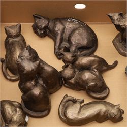 Collection of seven David Frith and other resin sculptures of cats and a small mirror