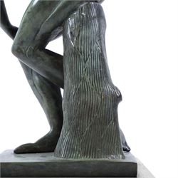 Patinated bronze Discobolus figure upon a rectangular base, H36cm 