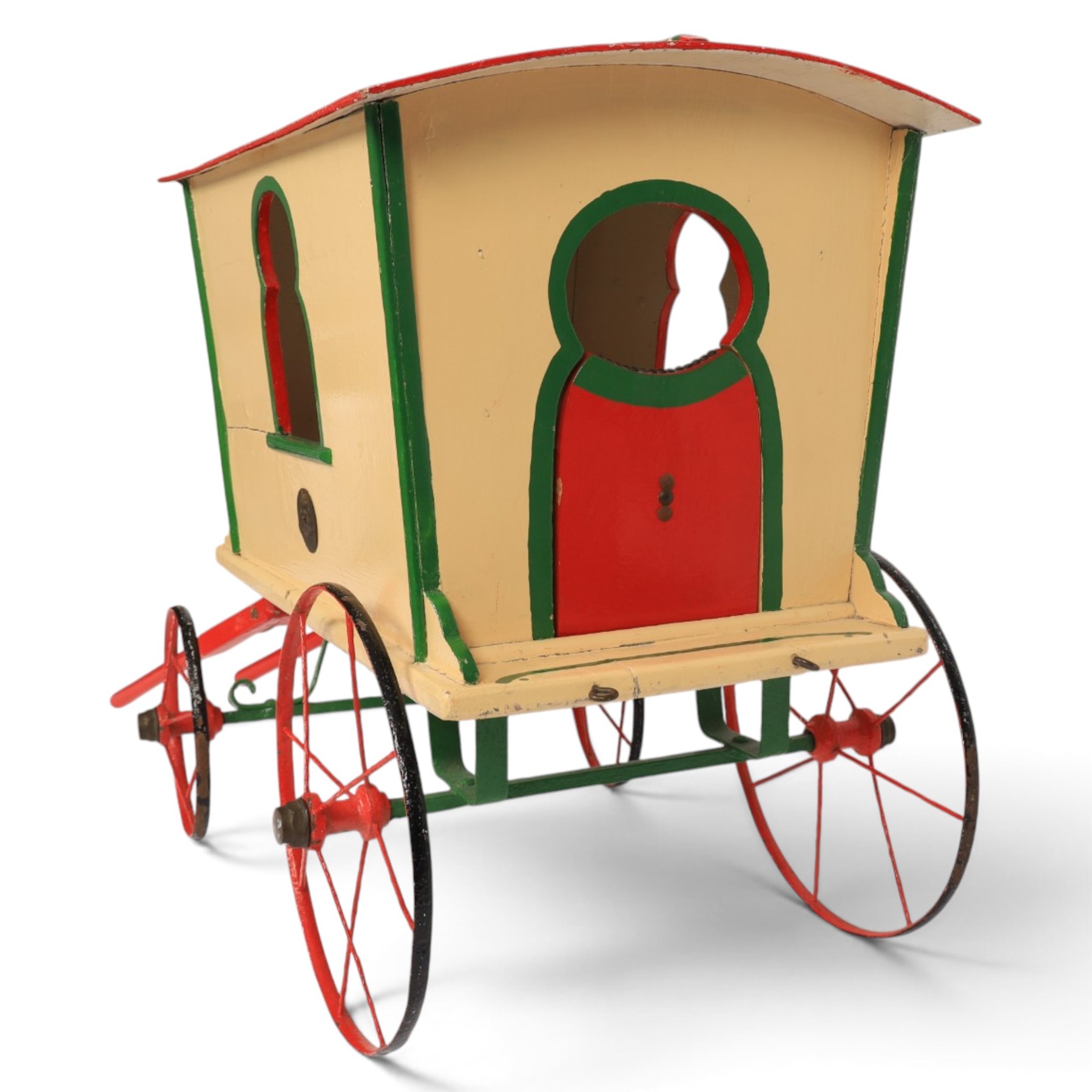 G & J Lines wooden gypsy caravan model, painted in cream with red roof, wheels and green detailing, H51cm, L89cm