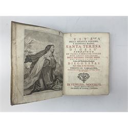 Vita Della Serafica Vergine, E Gloriosa Madre Santa Teresa Digesu .... 1747 Venezia Presso Andrea Poletti. Engraved frontispiece; and Iusti Lipsi Diva Sichemiensis fiue Aspricollis: Nouaeius Beneficia & Admiranda. 1605 Antwerpiae Ex officina Plantiniana. Engraved title page. Both with full vellum binding (2)