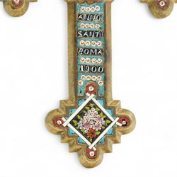 Italian micro mosaic cross, the central panel depicting a solitary female figure, each point decorated with sprigs of flowers, the inscription reading 'Anno Santo Roma 1900', H14cm
