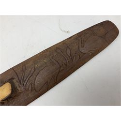 Australian Aboriginal shield, carved with Kangaroo and Emu, 74.5cm; Spear painted with aquatic creatures 78cm, and Spear thrower 81cm (3)