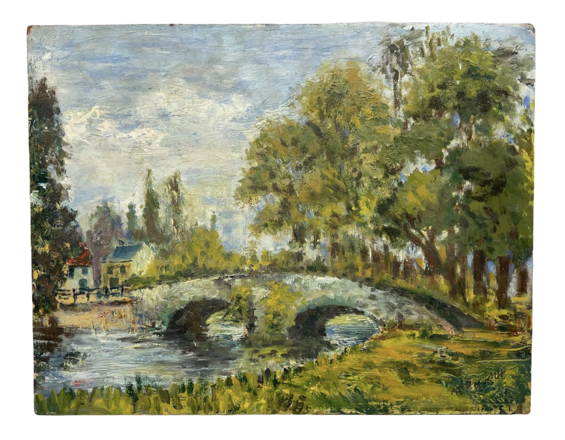M. Holmes Pickup (Scottish, 20th Century): Bridge over River, Oil on board, signed in pen to lower right, 34cmx26.5cm
