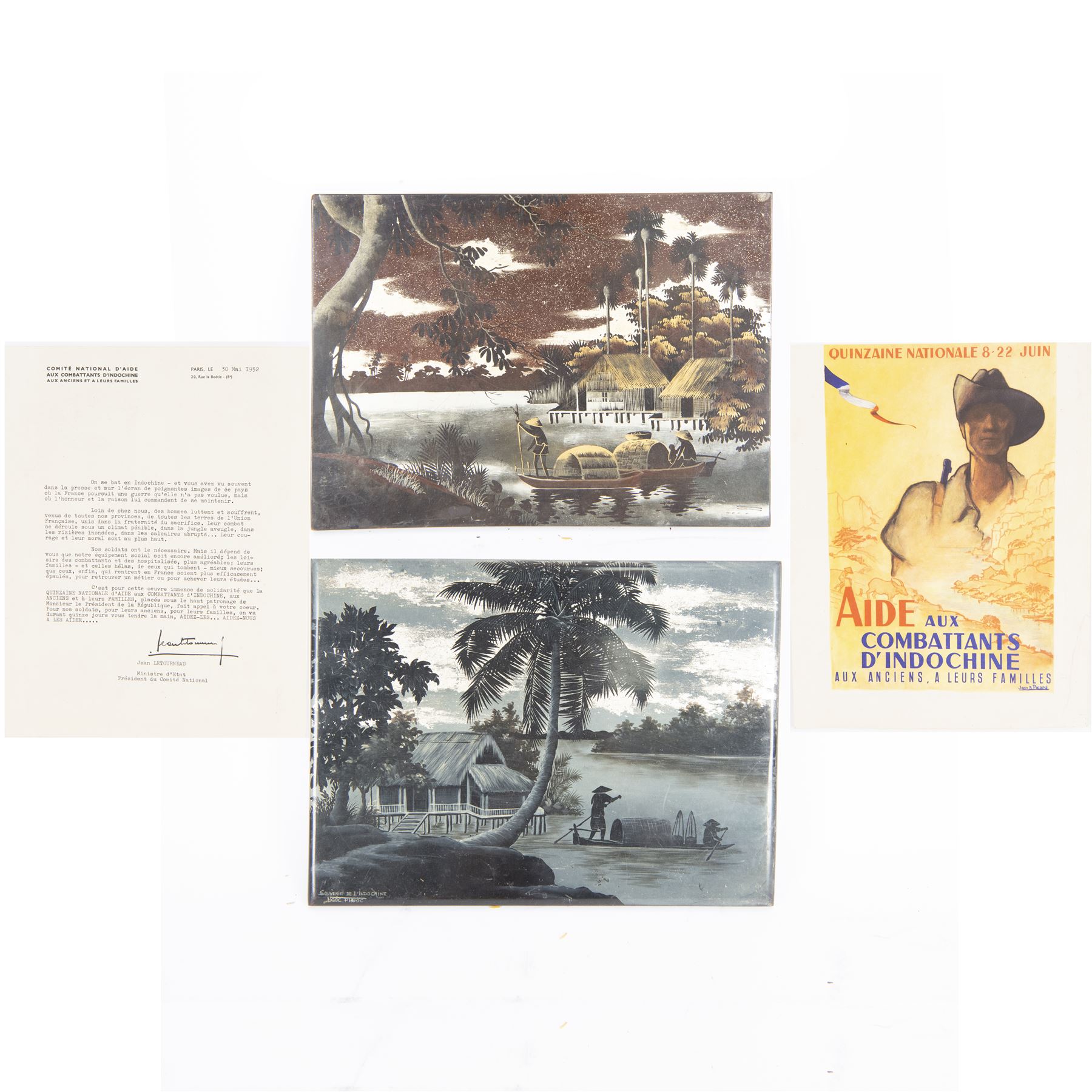 Two French Indochinese period paintings on wood, depicting riverscapes, together with French Indochinese poster, circa 1947-58, paintings H30cm, L40cm