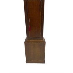 John Holt of Newark - 19th century 30-hour mahogany longcase clock c 1820, with a swans neck pediment and ball and spire finial, square hood door with detached pilasters, trunk with full length door on a rectangular plinth with applied skirting, painted dial with Arabic numerals, painted spandrels depicting fruit and a bird of paradise to the centre, with original matching steel hands, chain driven count wheel striking movement, striking the hours on a bell. With weight and pendulum.