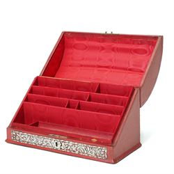 Late Victorian red leather stationery casket with divided watered silk interior, the hinged front with repousse silver mounts H19cm x W30cm London 1889 Maker William Comyns