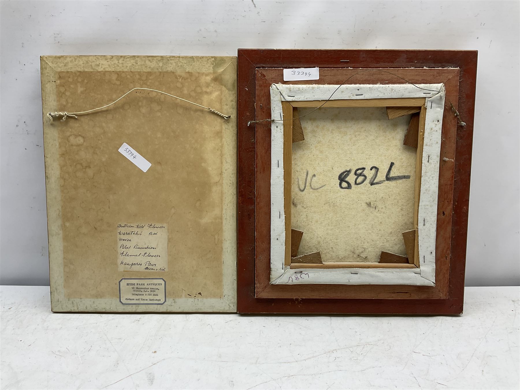 Daphne Wearne (Australian 20th century): 'Australian Wild Flowers', oil on board signed, labelled verso together with Continental School (20th century): Still Life of Flowers in a Vase, oil on canvas indistinctly signed max 34cm x 24cm (2)