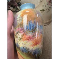 Royal Doulton Kew Gardens vase, signed J Price, together with a Royal Worcester blush ivory three piece cruet set, a Ernst Wahliss ewer, etc 