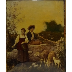  Figures by a Wall Along a Country Path with Sheep, Victorian convex crystoleum by H. Salentiny? Dussledorf dated 1880 and one other depicting Figures in Woodland in gilt frames 23.5cm x 19cm (2)  