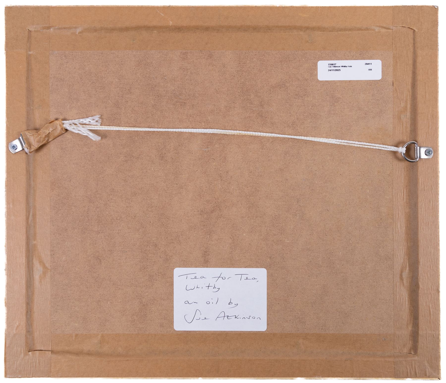 Sue Atkinson (British 1949-): 'Tea for Two' Whitby Huts, oil on canvas signed 24cm x 29cm 