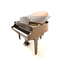 Early 20th century mahogany cased Strohmenger London baby grand piano, demi lune shape, over strung cast iron framed, raised on square tapered supports and castors 