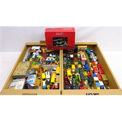  Diecast model vehicles including 'Models of Yesteryear', Dinky Toys, Corgi Toys boxed 'Porsche Targa 911S Police Car', Atlas Editions boxed Jaguar etc, Lexicon motor related playing cards, motor related spoons, dolls house furniture and other toys in two boxes   
