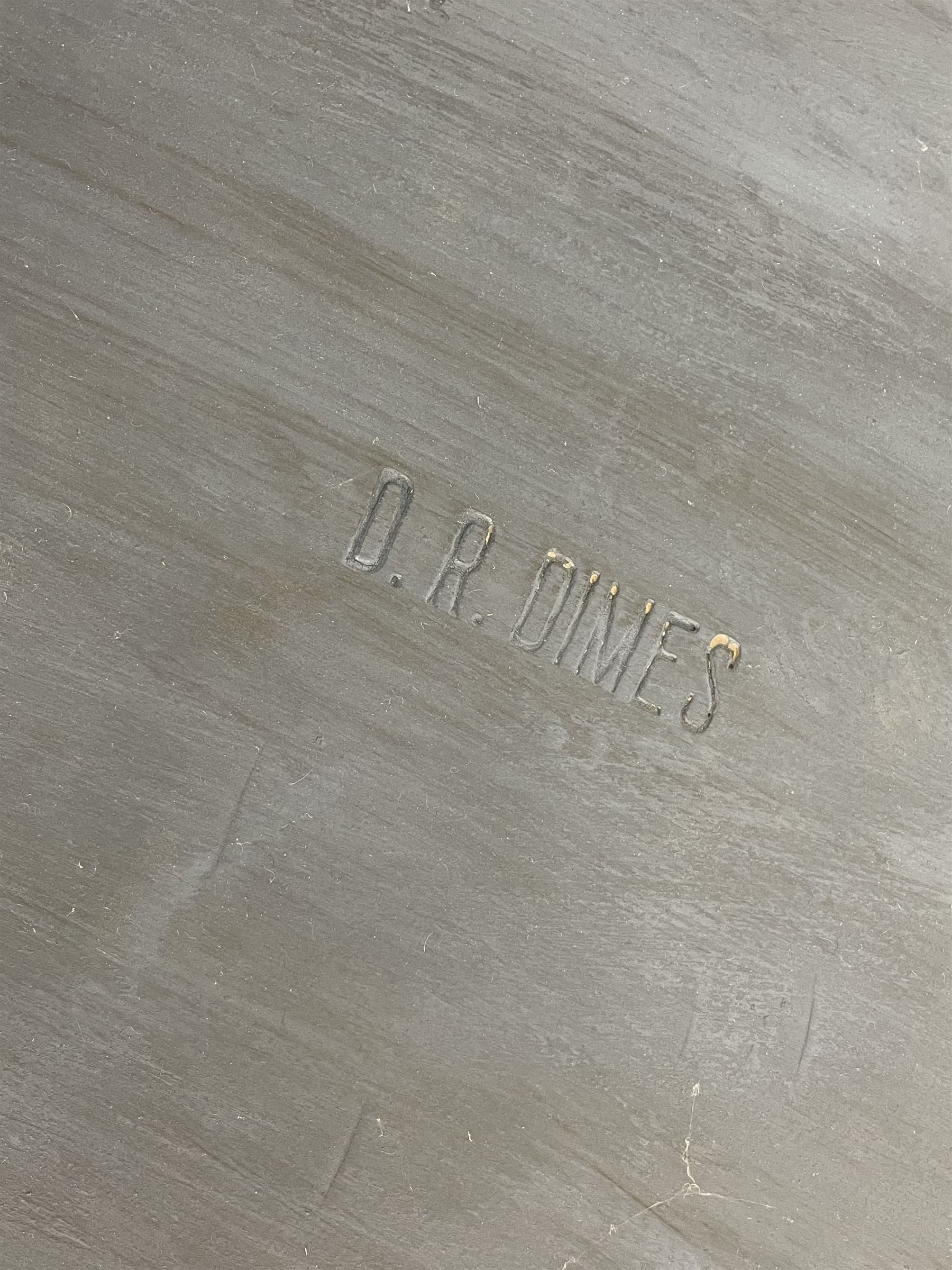 D.R. Dimes Furniture - set six American Windsor dining chairs, hoop and stick back on dished saddle seats, turned supports jointed by H stretchers, stamped underneath 'D.R.Dimes', two carvers and four side chairs