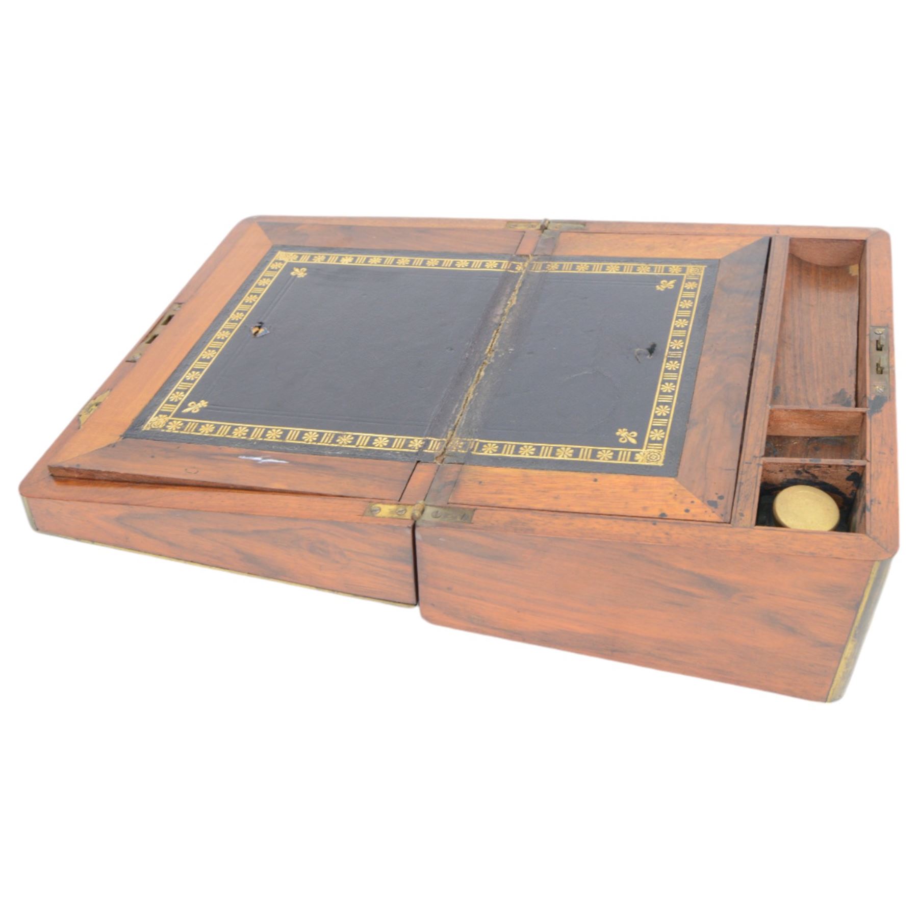 Victorian brass bound writing slope with presentation engraving to brass cartouche, opening to reveal a leather and gilt interior, together with another similar, H16cm 
