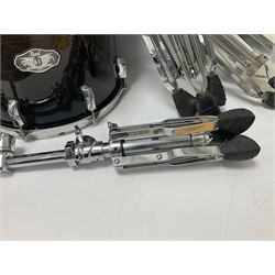 Pearl Vision SST Birch Ply shell four-piece drum kit in black comprising bass drum with foot pedal and three graduated toms; together with Pearl Custom Alloy Sensitone steel snare drum, drum and cymbal stands, microphone stand, stool and various drum sticks 