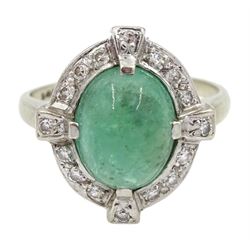White gold Art Deco style cabochon emerald and diamond ring, stamped 14K