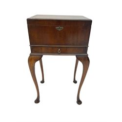 Early 20th century mahogany sewing or work box, hinged lid over single drawer, raised on cabriole supports