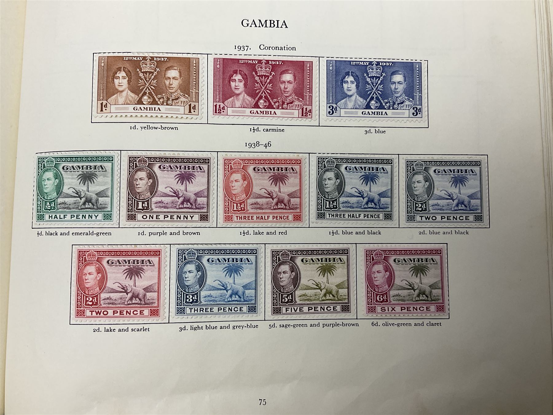Single album collection of King George VI stamps, including Aden, Antigua, Ascension, Australia, Bahamas, Bahrain, Barbados, Basutoland, Bechuanaland, Bermuda, British Solomon Islands, Brunei, Burma, Cayman Islands, Dominica, Falkland Islands, Gambia, Gilbert and Ellice Islands, Gold Coast, Great Britain 1939-48 set to one pound including ten shilling dark blue, Grenada, Hong Kong, India, Ireland, Jamaica, Leeward Islands, Malta, Mauritius, New Zealand etc