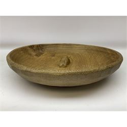 Mouseman, large adzed figured Yorkshire oak circular bowl, centre mouse signature, by Robert Thompson of Kilburn, D31cm