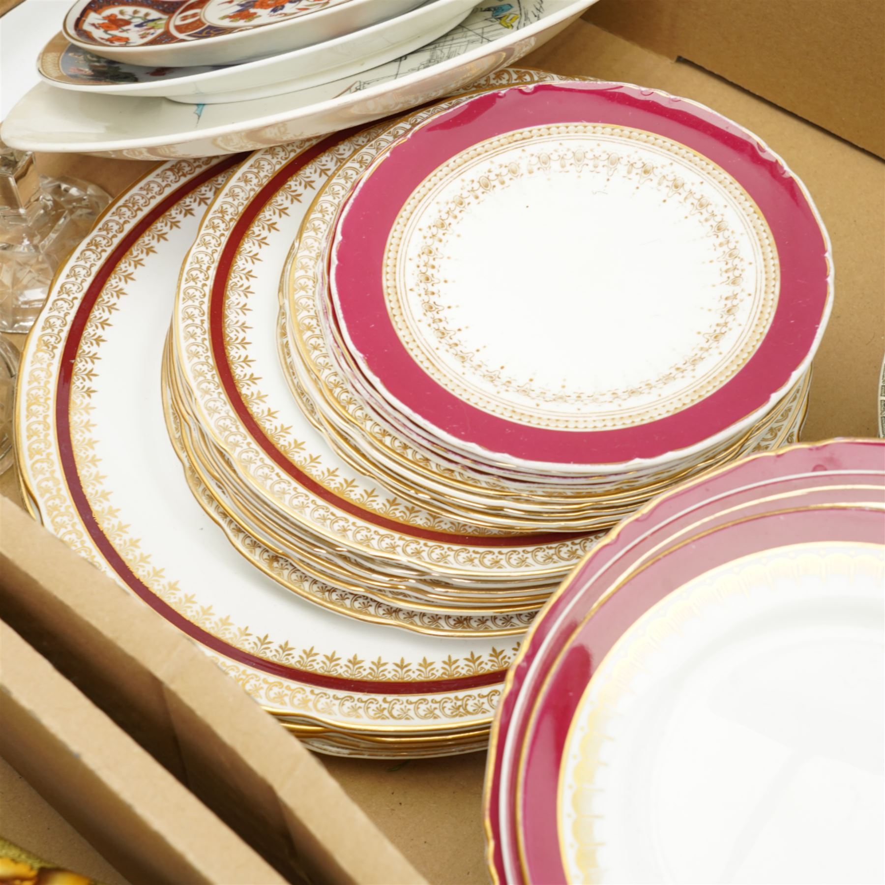 Quantity of Royal Worcester regency pattern dinnerware, oriental lacquered nest of boxes, and other items in two boxes