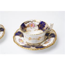 Grainger Lee & Co Worcester teacup, together with a collection of cobalt blue cabinet cups and saucers,  including a Royal Doulton hand-painted example by E Percy, and various others 19th century and later, mostly unmarked (7 pairs)