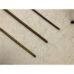 Two smooth polished ram horn handled Shepherd's crooks and a further similar example, together with various shooting sticks, walking sticks and canes, housed in a volcanic lava glaze West German style vase