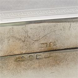 Large rectangular silver cigar box with engine turned hinged cover, vacant cartouche and divided interior 26cm x 16cm marks rubbed, Birmingham assay, Makers Sanders & Mackenzie